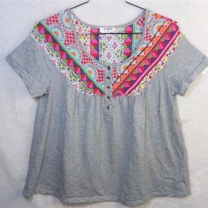 Umgee Baby Doll Smock Short Sleeve Gray Top Colorful Geometric Raw Fringed Yoke